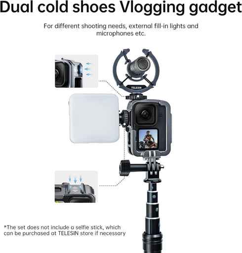 TELESIN Metal Case Aluminum Cage for GoPro 13 12 11 10 9 - Vertical Mount Kit with Cold Shoe