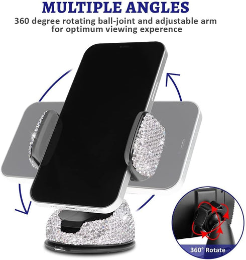 Dashboard Bling Phone Holder - Universal Car Mount for Windshield and Air Vent, Silver
