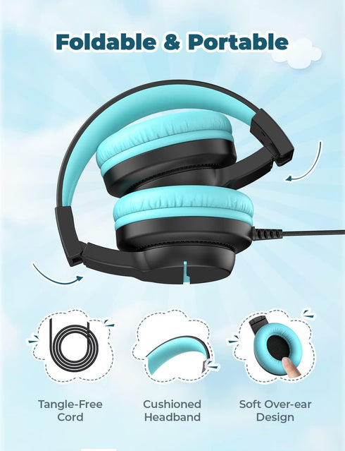 iClever HS19 Kids Headphones - Over-Ear, Volume Limiter 85/94dB, Foldable, Shareport, Wired for iPad/Travel (Black)