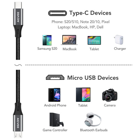 AGVEE 6ft USB-C OTG to Micro USB Cable (2 Pack) - Braided Charger for Samsung Galaxy, LG, PS4, Xbox, Android - Dark Gray