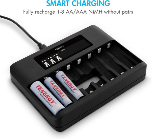 Tenergy TN480U 8-Bay 8pcs 1000mah LCD Display Fast Charger for NiMH/NiCD AA AAA Rechargeable Batteries with AAA