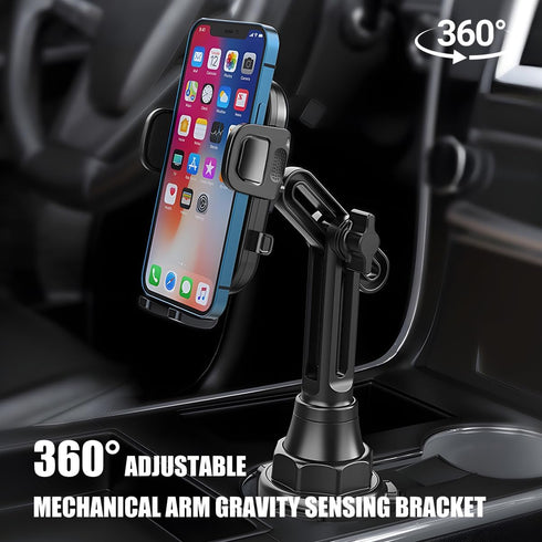 Sandfren 360 Car Cup Phone Holder, Rotation Carbon Fiber Vehicle Cup Cellphone Holder with Long & Adjustable Neck, Auto