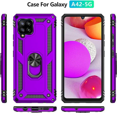 for Samsung Galaxy A42 5G Case with HD Screen Protectors, Military-Grade Metal Ring Holder Kickstand, 15ft Drop Tested