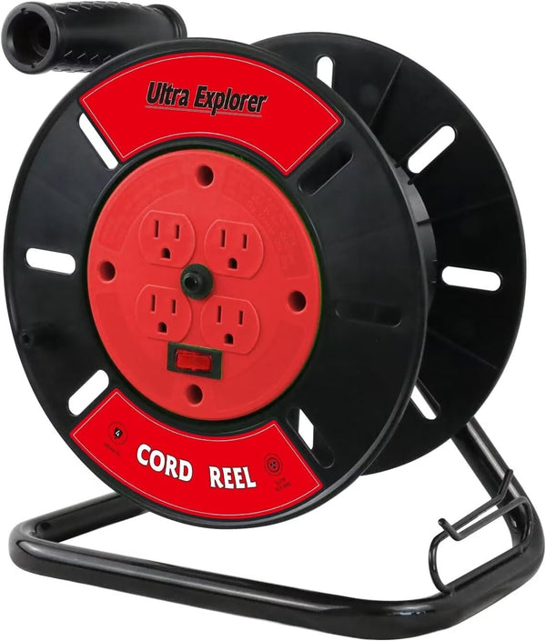 Extension Cord Storage Reel with 4-Grounded Outlets - Heavy Duty Open Cord Reel for 12/3 14/3 16/3 Power Cords