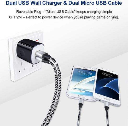 6FT Fast Charger Micro USB Cable & 2.1A Dual Wall Charger for LG Stylo 2/3, G3/G4, K30/K20 Plus, Kindle Fire 7/8/10.