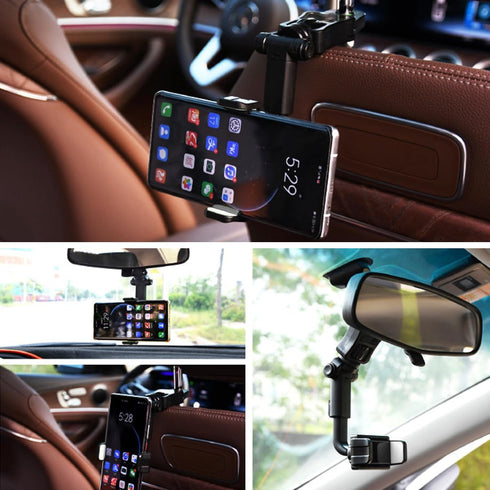 Car Rear View Mirror Phone Holder, 360° Rotating Mount, ABS Multi-Functional Adjustable Cellphone Holder for All
