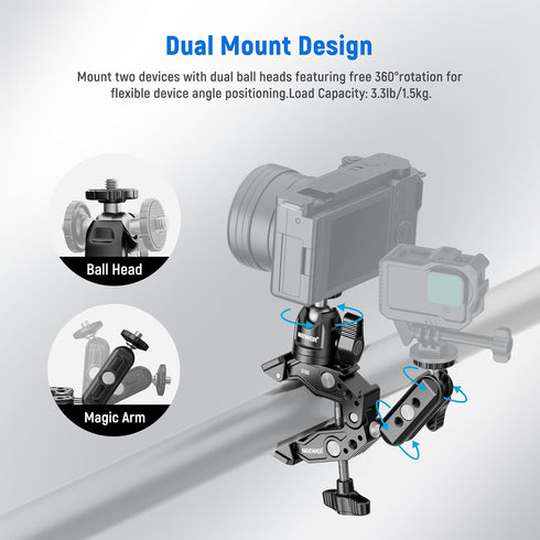 NEEWER Super Clamp with 3" Dual Ballhead Magic Arm, Phone Holder, Action Camera Clamp Mount for Flat/Round Surfaces