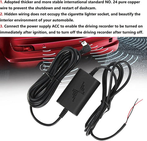Dash Cam Hardwire Kit - 12V/24V to 5V 2.5A Parking Monitor Converter Cable, Left Angle Mini USB