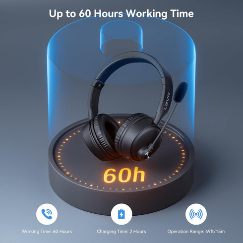 LEVN Bluetooth Headset with Microphone, Wireless Noise Cancelling Headset, 60 Hrs Working Time, Bluetooth 5.3