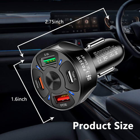 Car Charger Adapter - 4 Ports USB Fast Car Charger QC3.0/PD20W/Type-C/2.1A, Smart Shunt Car Phone Charger Compatible