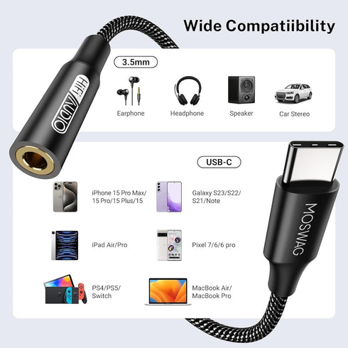 MOSWAG USB Type C to 3.5mm Headphone Jack Adapter, Audio Adapter USB C to Aux Dongle Cable for iPhone 15 Plus/Pro Max,