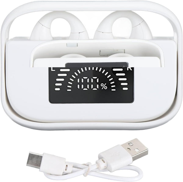 Open Ear Clip Headphones - Bluetooth Earbuds with Built-in Mic, Ear Hooks, LED Display Charging Case, and IPX5