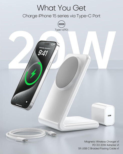 Mag-Safe Charger Stand with 20W Adapter, 5Ft USB-C Cable for Apple iPhone 15/14/13/12 - Grey