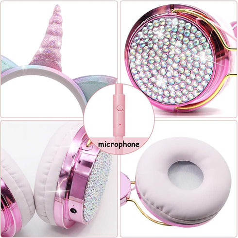Unicorn Kids Headphones for Girls Children Teens, Wired Headphones for Kids with Adjustable Headband, 3.5mm Jack and Over On Ear Headset w/Mic for School Birthday Xmas Unicorn Gift