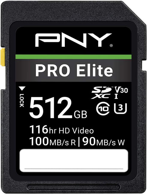 PNY 512GB PRO Elite Class 10 U3 V30 SDXC Flash Memory Card, 100MB/s, Class 10, U3, V30, 4K UHD, Full HD, UHS-I, Full