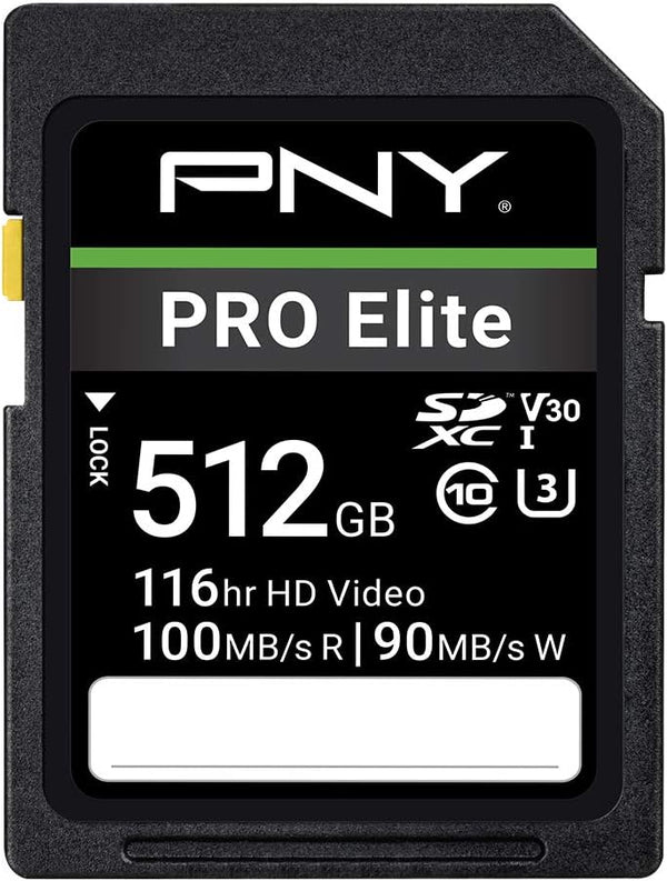 PNY 512GB PRO Elite Class 10 U3 V30 SDXC Flash Memory Card, 100MB/s, Class 10, U3, V30, 4K UHD, Full HD, UHS-I, Full