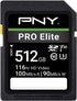 PNY 512GB PRO Elite Class 10 U3 V30 SDXC Flash Memory Card, 100MB/s, Class 10, U3, V30, 4K UHD, Full HD, UHS-I, Full