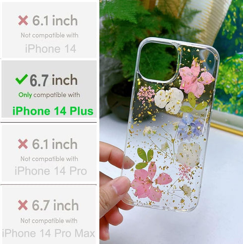 Abbery Designed for iPhone 14 Plus Case Sparkly Pink Flower Design Cute Clear Glitter Soft Silicone Real Dried Pressed Floral Aesthetic Phone Cover for Women Girls (Glitter Pink)