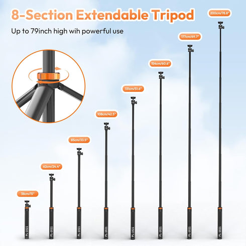 79" 1/4" 360 Extendable Tripod Aluminum, Portable Adjustable Light Stand with Screw, Ball Head Camera Phone Tripod