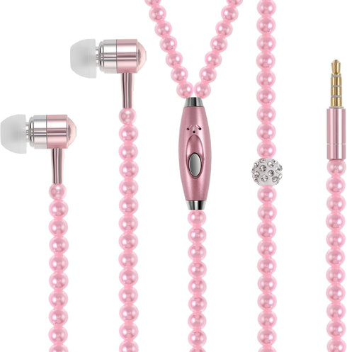 in-Ear Earphones with Mic - Wired Headset with Remote and Mic Hands-Free Pearls Chain Universal Earphone for Girls