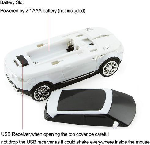 3C Light Car Shape Wireless Mouse, 2.4GHz Optical Mice 1600 DPI with USB Receiver for PC/Computer/Laptop (White)