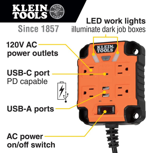 Klein Tools 29601 Magnetic Power Strip with Surge Protector, 4 Outlets, 3 USB Ports, 5-Foot Cord