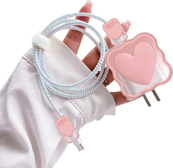 Cute Waves DIY Cable Protector for iPhone Charger, Kawaii 3D Love Heart Design, Data Cable USB Charger Protector for