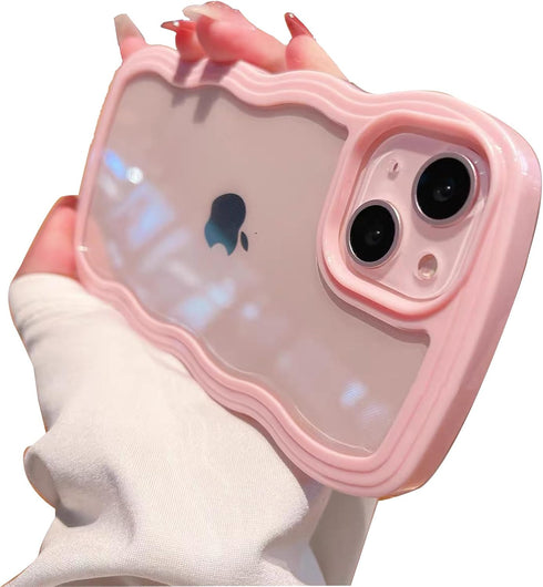 iPhone 15 Plus Case (Pink) - Clear Cute Curly Wave Frame Shape Shockproof Soft Protective Cover for Women