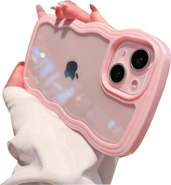 iPhone 15 Plus Case (Pink) - Clear Cute Curly Wave Frame Shape Shockproof Soft Protective Cover for Women