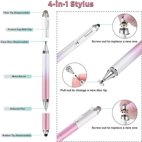 Penyeah Stylus Pens for Touch Screens (4 in 1),Universal Touch Screen Pen Phone/Tablet Stylus for iPhone/iPad/Pro/Mini/Android/Samsung/Fire and All Capacitive Touch Screens-Dream Pink