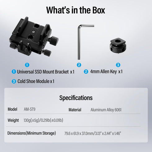 Sirui SSD Mount Bracket, SSD Holder with Cold Shoe and USB-C Cable Clamp for Samsung T7 T5 SSD, Camera Cage