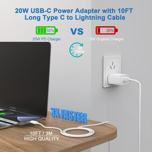 iPhone Charger Fast Charging 10 FT, 2 Pack 20W USB C Wall Charger Block with 10FT Type C to Lightning Cable for iPhone