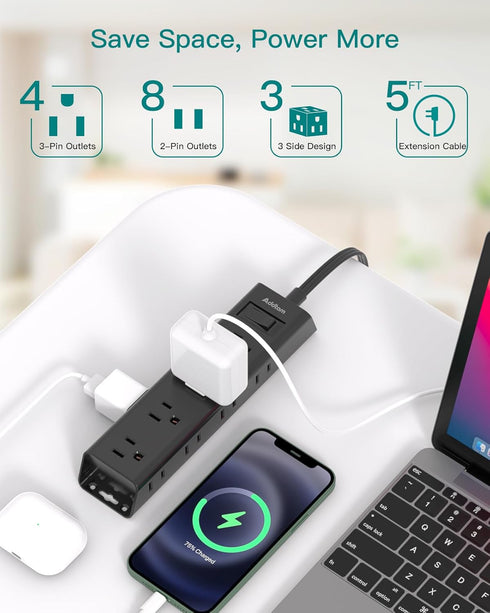 Flat Wall Plug Extension Cord - Surge Protector Power Strip with 12 Outlets, 5ft Desk Charging Station for Home Office