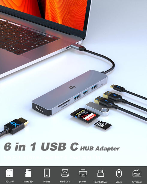 SUTOUG 6-in-1 4K 3.0/2.0 Type C Hub Docking Station with HDMI Adapter, USB Ports, SD/TF Card Reader, Dual Monitor Type