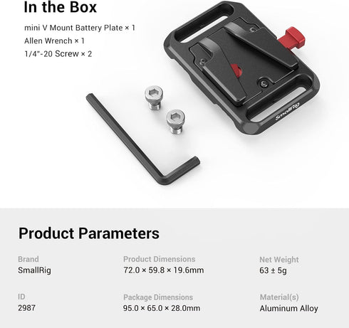SmallRig Mini V Mount Battery Plate, V-Lock Mount Battery Plate with 1/4"-20 Threads - 2987