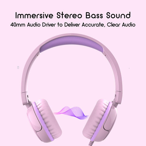 Kids Headphones V1 Wired Stereo Foldable On-Ear Headphones for School/Toddlers/Teens, Pink