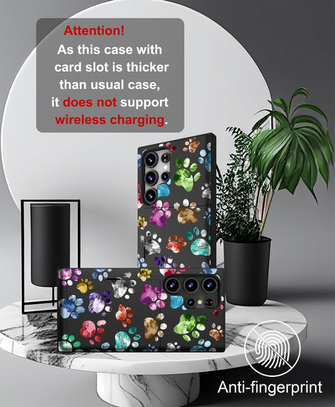 Cute Samsung Galaxy S24 Ultra Case with Card Holder, Slim Wallet Phone Case for Women, Colorful Doodle Paws Design