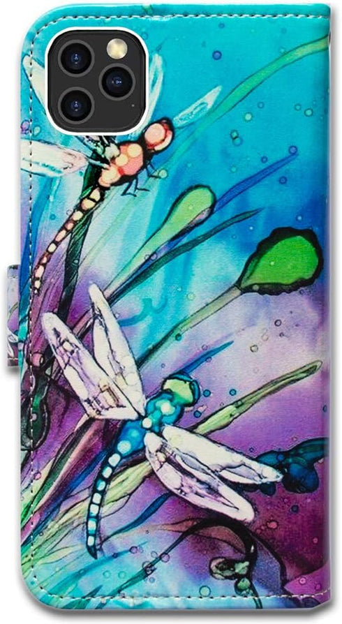 Case for iPhone 12 Pro Max, Cute Dragonfly Leather Flip Wallet Cover with Card Slot Holder Kickstand