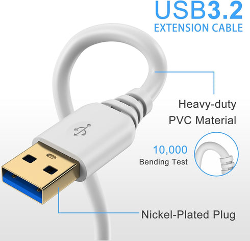 Cable,10FT Cable,5Gbps Mouse USB Extension USB A White Type A to Type A Extender Male to Female Extension Cable Hub