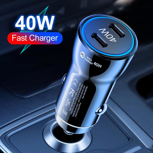 USB C Car Charger, 2-Port 40W Dual USB-C Power Adapter, PD/QC Fast Charging for iPhone, Samsung Galaxy, Pixel