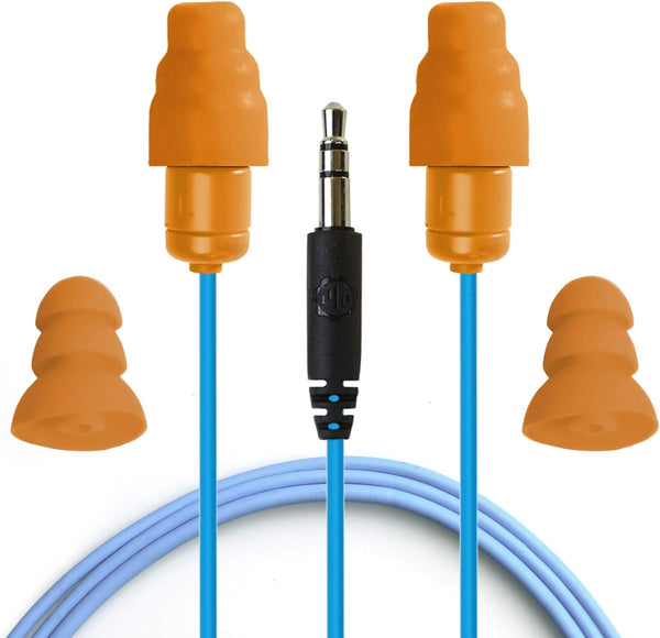 Plugfones Guardian in-Ear Earplug Earbud Hybrid, Noise Reduction Headphones in Blue & Orange