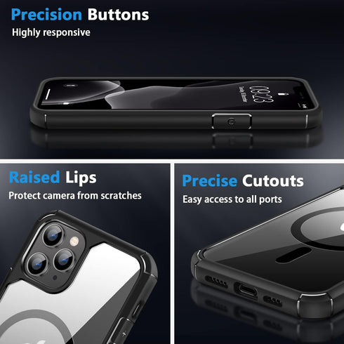 Amizee iPhone 11 Pro Magnetic Case with Screen & Camera Protectors, Clear Back, Shockproof, MagSafe Compatible (Black)