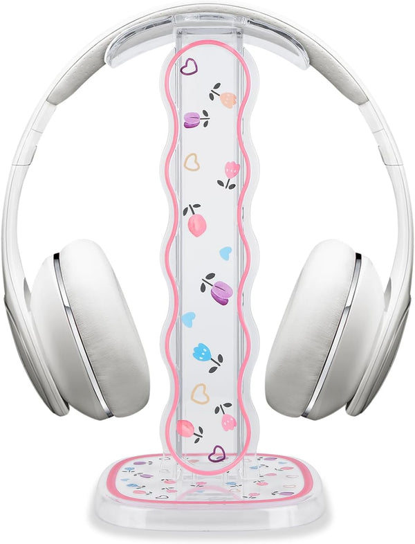CamyCosy Headphone Stand Gaming Headset Holder for Desk, Clear Tulip Flowers Pattern Cellphone Stand for All Headphones