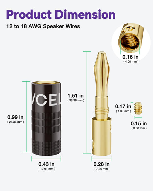 4mm 24K 12-18 Theater(12 (24 VCELINK Banana Plugs, Speaker Wire Connectors, Gold Plated Dual-Screw Type for AWG Wire