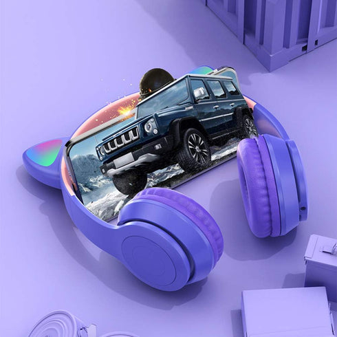 Kids Cat Ear LED Light Up Bluetooth 5.0 Headphones, Foldable Wireless Gaming Headset with Built-in Mic