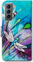 Cute Dragonfly Leather Flip Phone Case for Galaxy S21 Plus 5G - Wallet Cover with Card Slot and Kickstand
