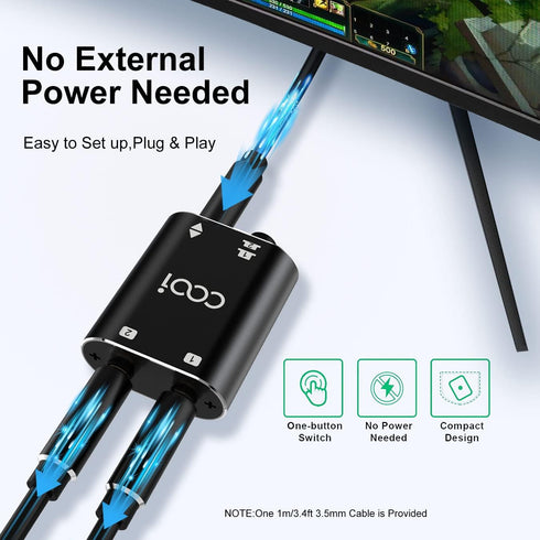 3.5mm Stereo Audio Switcher 1 in 2 Out /2 in 1 Out with 3.5mm Audio Cable, 2 Ports AUX Audio Speaker Selector for PC Phone Laptop Headphone