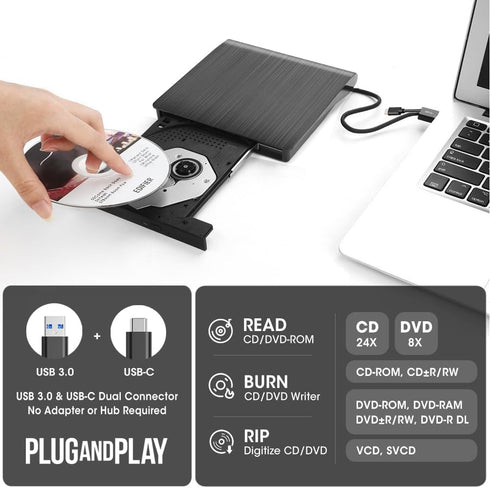 ROOFULL External CD DVD +/-RW Drive, USB 3.0 & USB-C Portable Player, Compatible with Windows, Mac, Linux