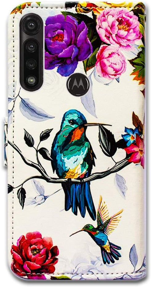 Case for Moto G Power 2020, Hummingbird in Flowers Leather Flip Wallet Cover with Card Slot and Kickstand