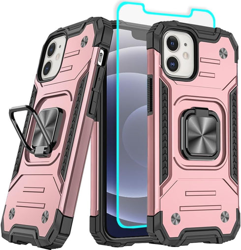 HNHYGETE iPhone 12/12 Pro Case with Screen Protector, Heavy Duty Military Grade 360° Rotatable Kickstand, Rose Gold